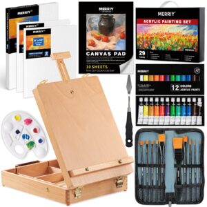 merriy artist acrylic paint set, painting supplies kit with tabletop sketch box easel, 12 colors acrylic paints,10"x 12" stretched canvas,premium acrylic painting set for artist adults, beginners