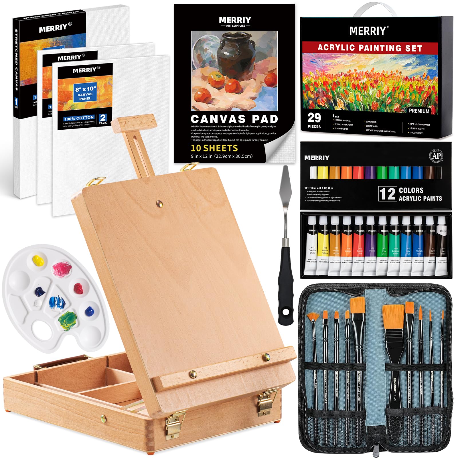 MERRIY Artist Acrylic Paint Set, Painting Supplies Kit with Tabletop Sketch Box Easel, 12 Colors Acrylic Paints,10"x 12" Stretched Canvas,Premium Acrylic Painting Set for Artist Adults, Beginners