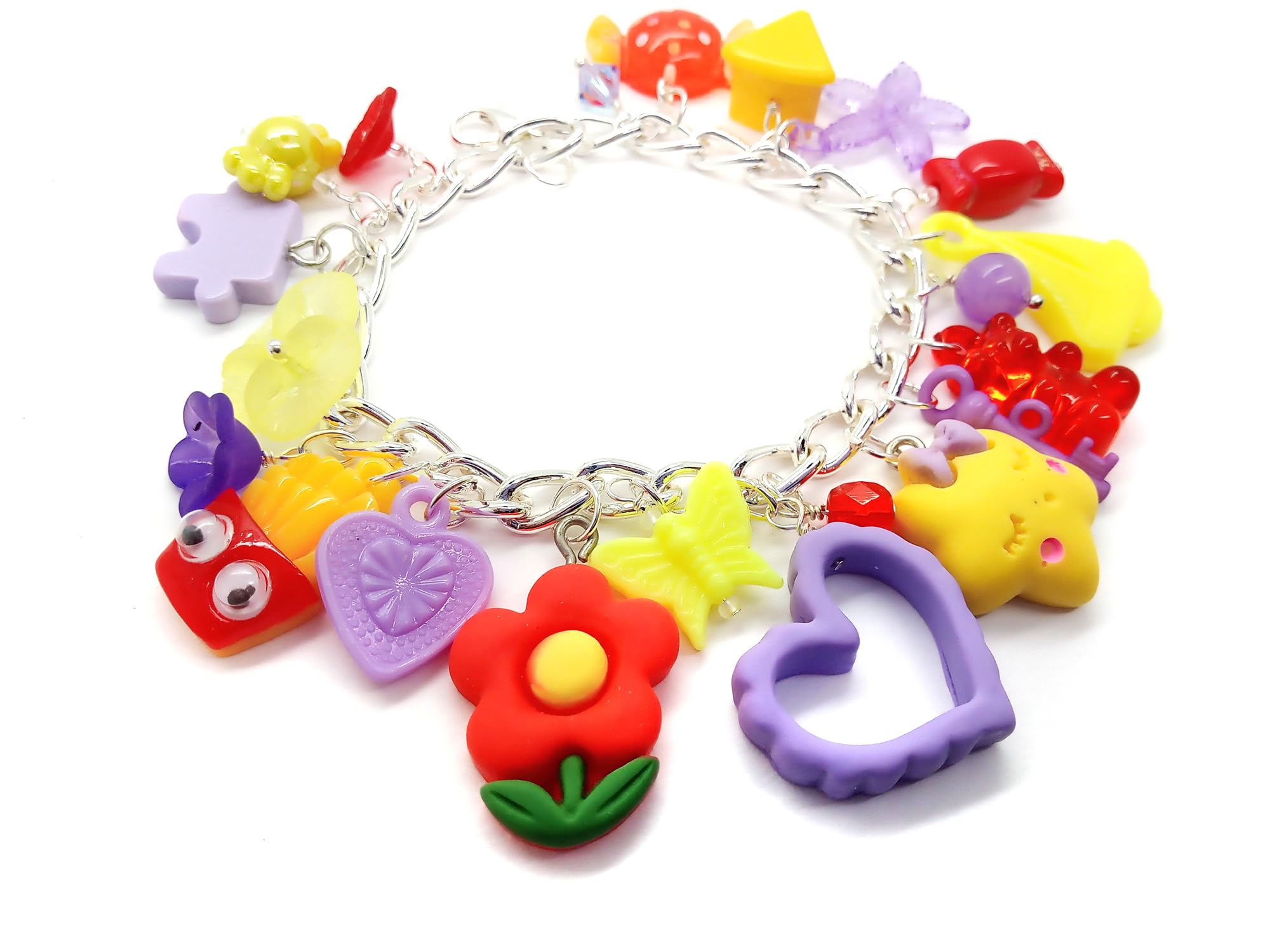 Chunky Charm Bracelet in Red Yellow & Purple, Kawaii Cha Cha Bracelet with Cute Candy Ice Cream Flower and Heart Charms, Adjustable