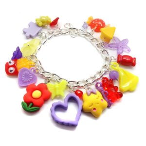 Chunky Charm Bracelet in Red Yellow & Purple, Kawaii Cha Cha Bracelet with Cute Candy Ice Cream Flower and Heart Charms, Adjustable