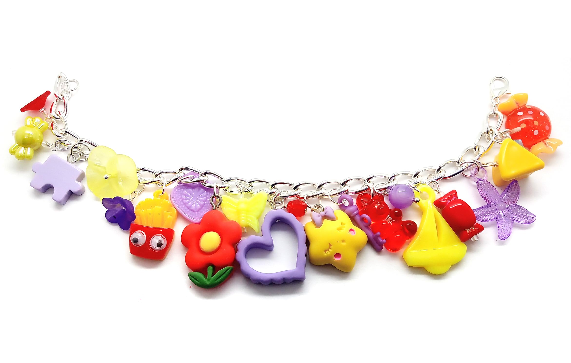 Chunky Charm Bracelet in Red Yellow & Purple, Kawaii Cha Cha Bracelet with Cute Candy Ice Cream Flower and Heart Charms, Adjustable