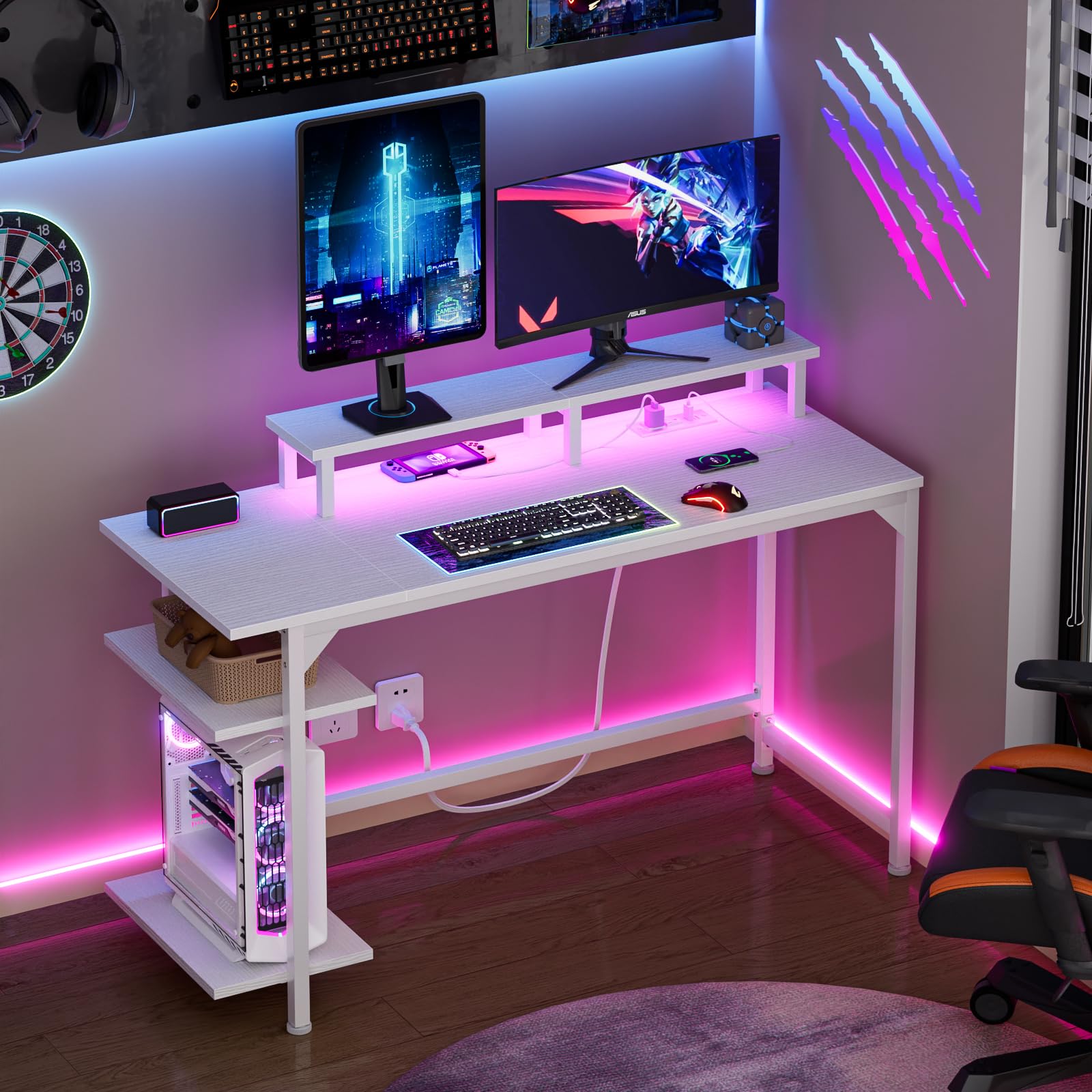 Furologee White Desk with Power Outlets and LED Lights, 47" Office Gaming Desk with Shelves and Fabric Drawer, Reversible Study Table with Monitor Stand and Hooks