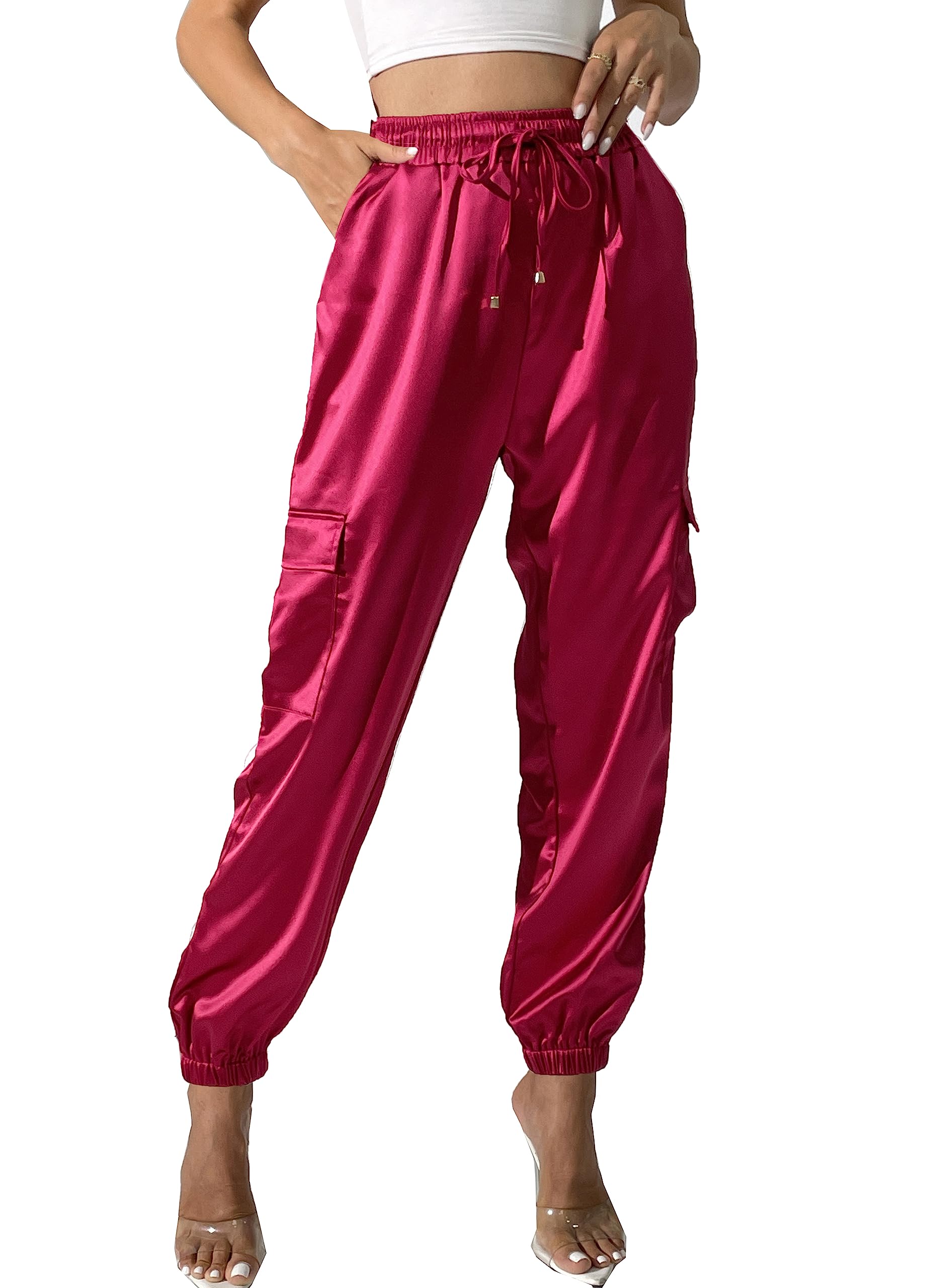 Women's Satin Cargo Joggers Pants Dressy Casual Silky Elastic High Waist Trousers Hot Pink