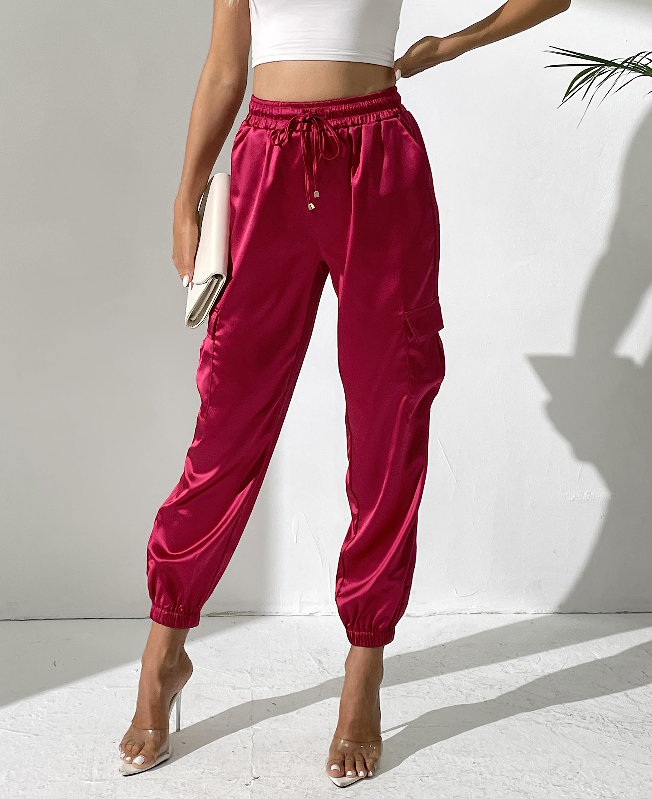 Women's Satin Cargo Joggers Pants Dressy Casual Silky Elastic High Waist Trousers Hot Pink