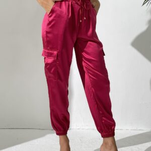 Women's Satin Cargo Joggers Pants Dressy Casual Silky Elastic High Waist Trousers Hot Pink