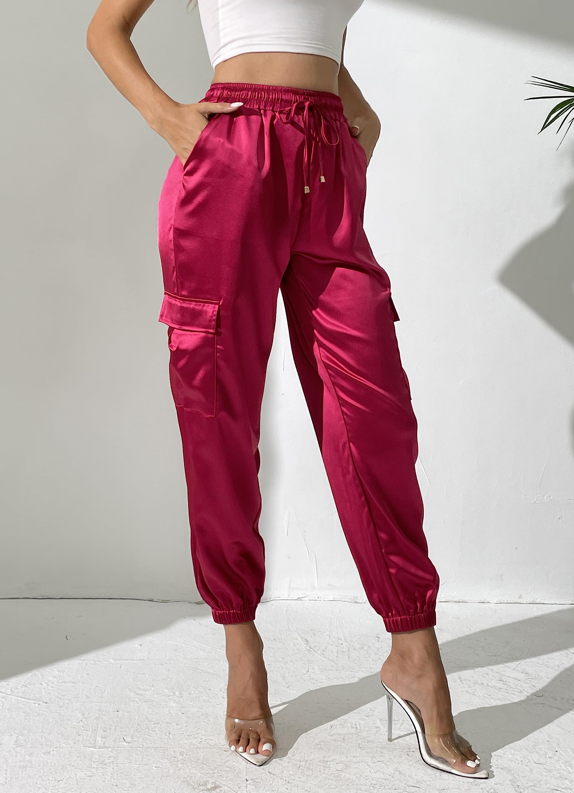 Women's Satin Cargo Joggers Pants Dressy Casual Silky Elastic High Waist Trousers Hot Pink