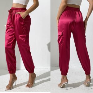 Women's Satin Cargo Joggers Pants Dressy Casual Silky Elastic High Waist Trousers Hot Pink