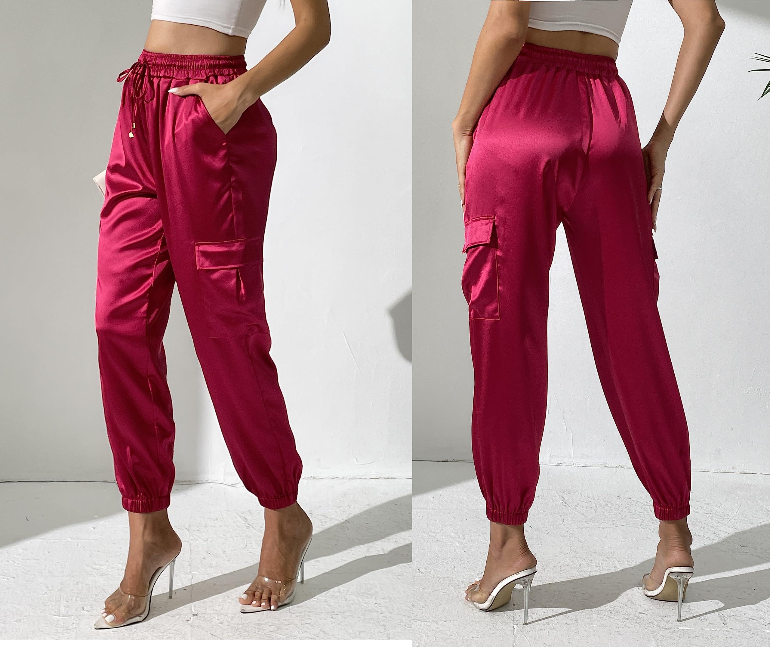 Women's Satin Cargo Joggers Pants Dressy Casual Silky Elastic High Waist Trousers Hot Pink