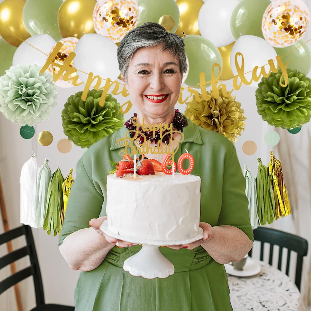 Sage Green Birthday Decorations Neutral Birthday Party Decor with Happy Birthday Banner Sage Paper Tassels Garland Circle Dots Garland Olive Green Gold Paper Pom Poms Balloons for Girls Women