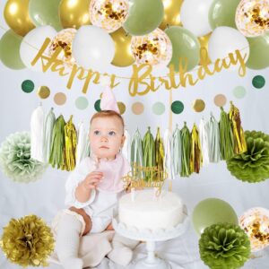 Sage Green Birthday Decorations Neutral Birthday Party Decor with Happy Birthday Banner Sage Paper Tassels Garland Circle Dots Garland Olive Green Gold Paper Pom Poms Balloons for Girls Women