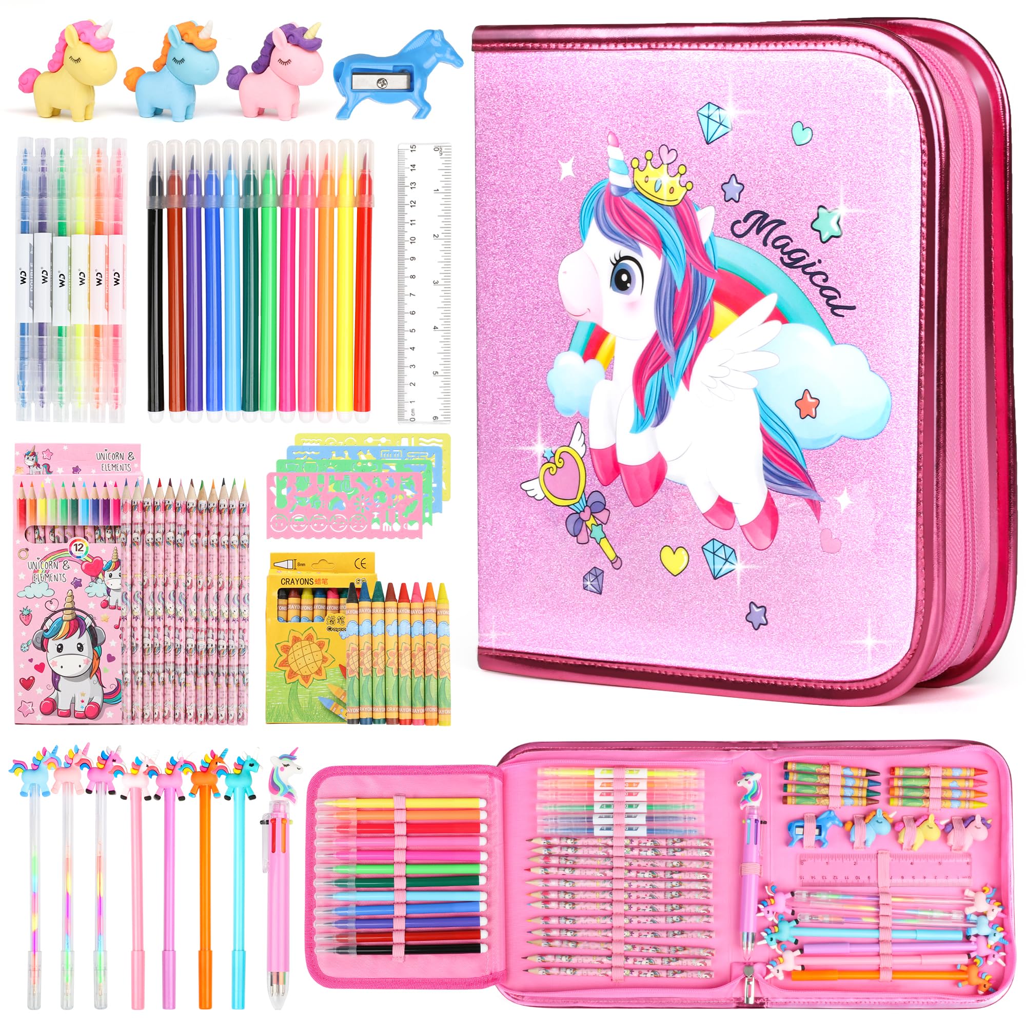 beefunni Unicorn Fruit Scented Markers Set 56 Pcs, Art Supplies for Kids 4-6-8, Arts and Crafts Coloring Set, Markers Pencil Crayon&Gel Pen Drawing Kits - Birthday Gifts for Girls 4 5 6 7 8 Year Old