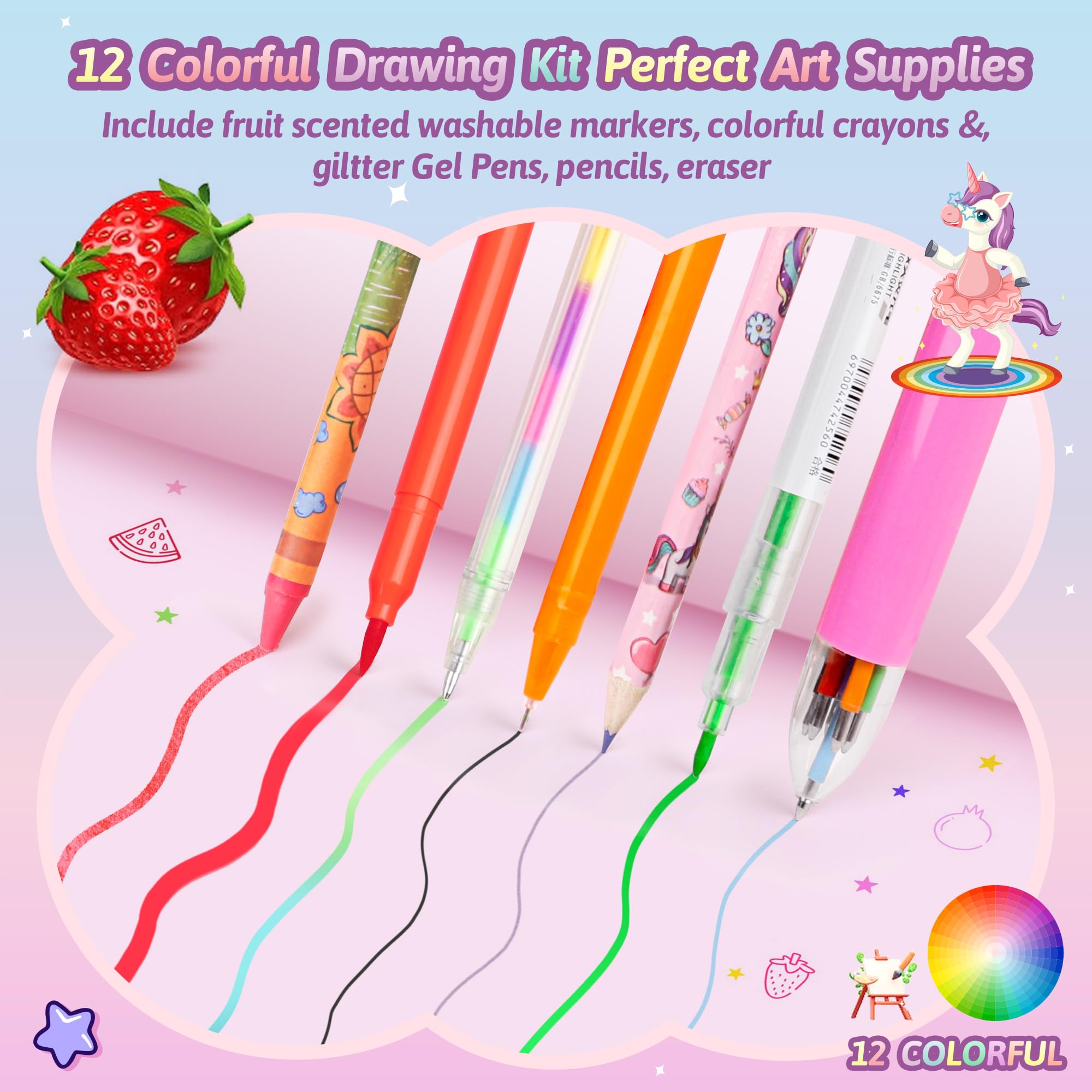 beefunni Unicorn Fruit Scented Markers Set 56 Pcs, Art Supplies for Kids 4-6-8, Arts and Crafts Coloring Set, Markers Pencil Crayon&Gel Pen Drawing Kits - Birthday Gifts for Girls 4 5 6 7 8 Year Old