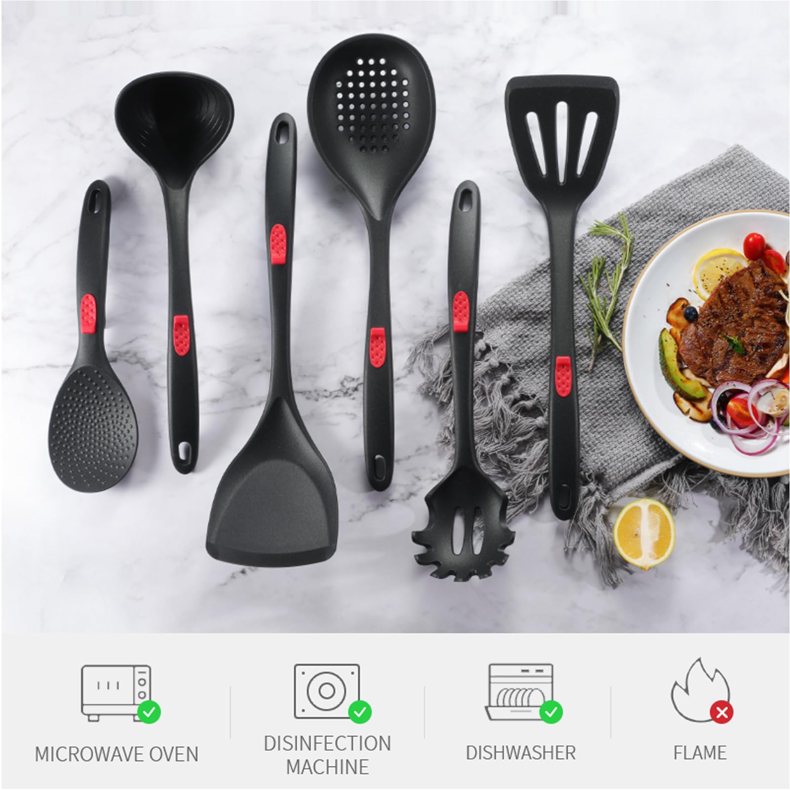 Silicone Kitchen Utensili 7-Pcs, BPA Free Silicone Cooking Set, for Nonstick cookware Heat Resistant Spatula set, Colander, Turner, Spoon, Pasta Server, Spatula Dishwasher safe