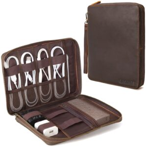 polare full grain leather travel cable organizer case electronics accessories carry bag with ykk zippers tech storage bag for cables, power bank, usb, sd card, travel essentials