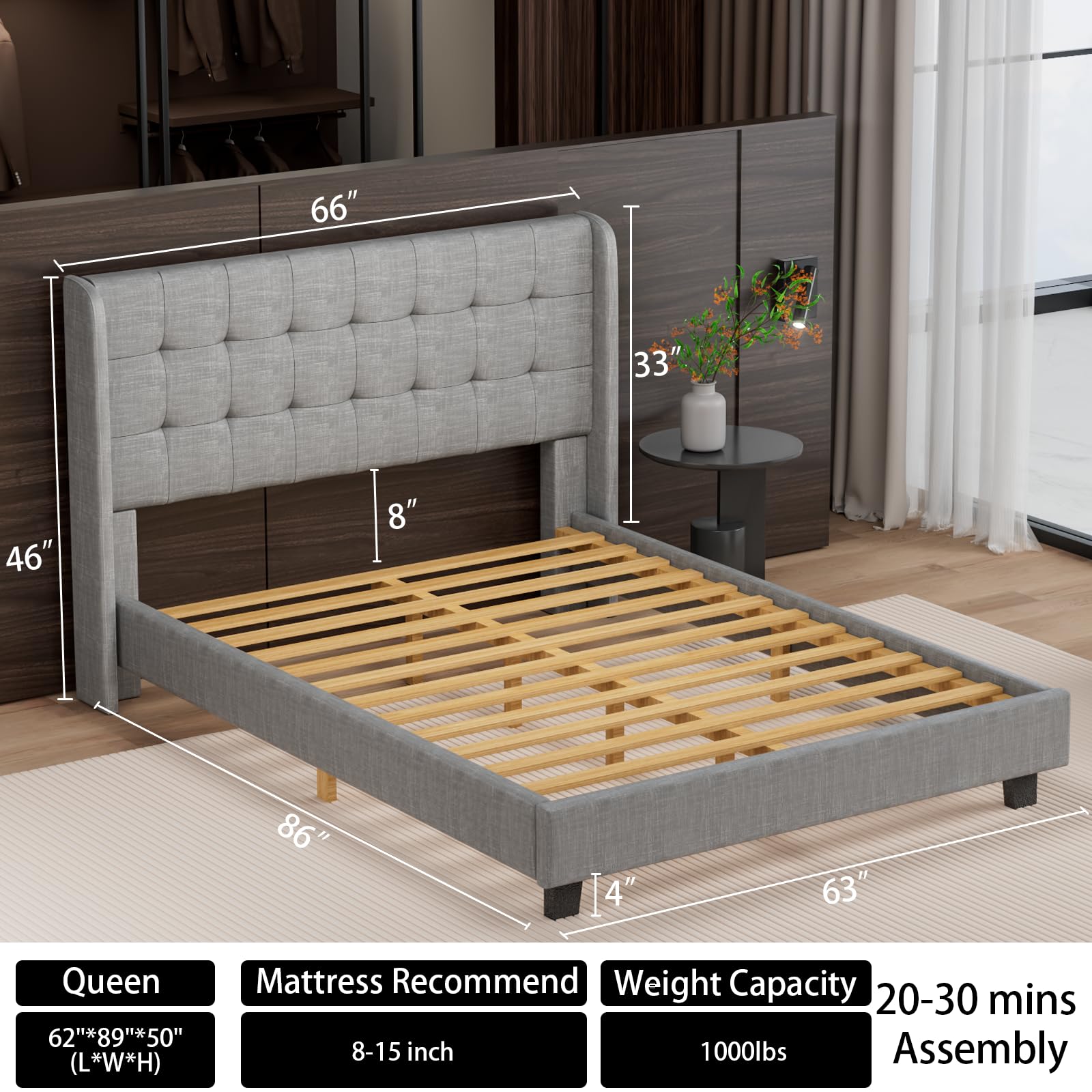 Nathaniel Home Bed Frame Queen Size Platform Bed, Tufted Upholstered Bed with Square Stitched Headboard, Queen Bed Frame with Wingback, Strong Wooden Slats, Easy Assembly…