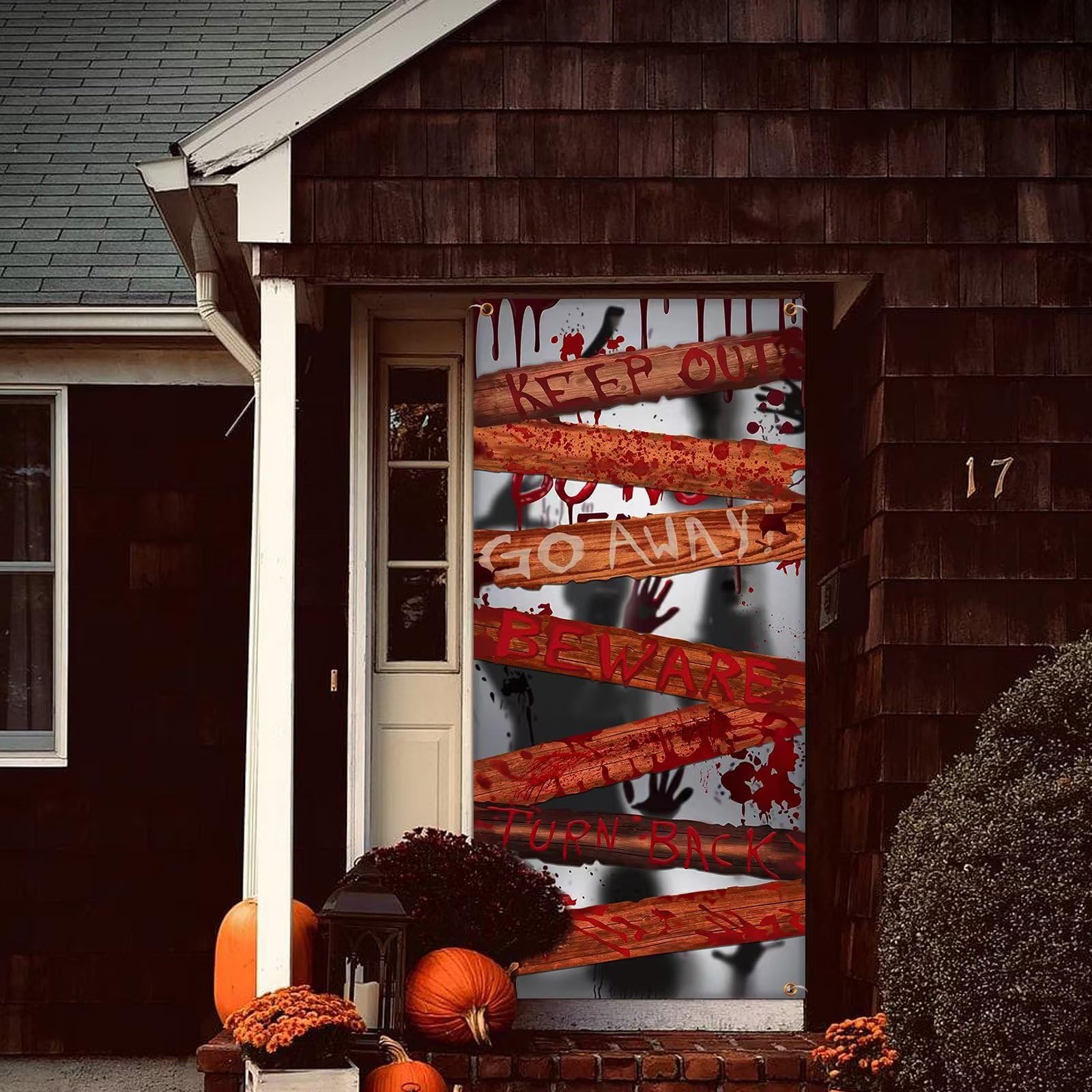 Large Halloween Zombie Door Cover, 35X73 Inch Bloody Handprint Halloween Front Door Cover Decoration Shadowy Figure Halloween Poster Scary Haunted House Party Supplies for Porch Indoor Office Window