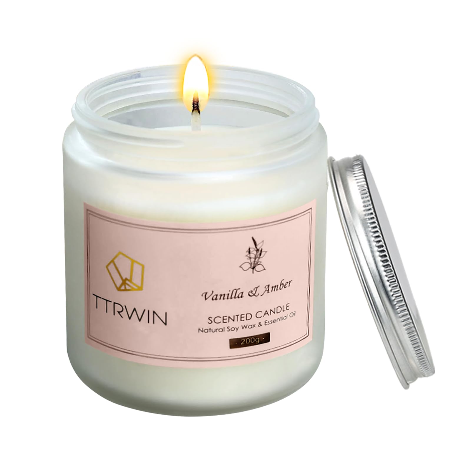 TTRWIN Vanilla Amber Scented Candle, 50H Long Lasting Glass Jar Candle, Home Fragrance, Natural Soy Wax Aromatherapy Candle, Stress Relief Gift for Her/Him/Women/Men, 200g