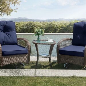 SHA CERLIN 3 Pieces Patio Furniture Set, Outdoor Swivel Glider Rocker, Wicker Patio Bistro Set with Rocking Chair, Cushions and Table (Blue)