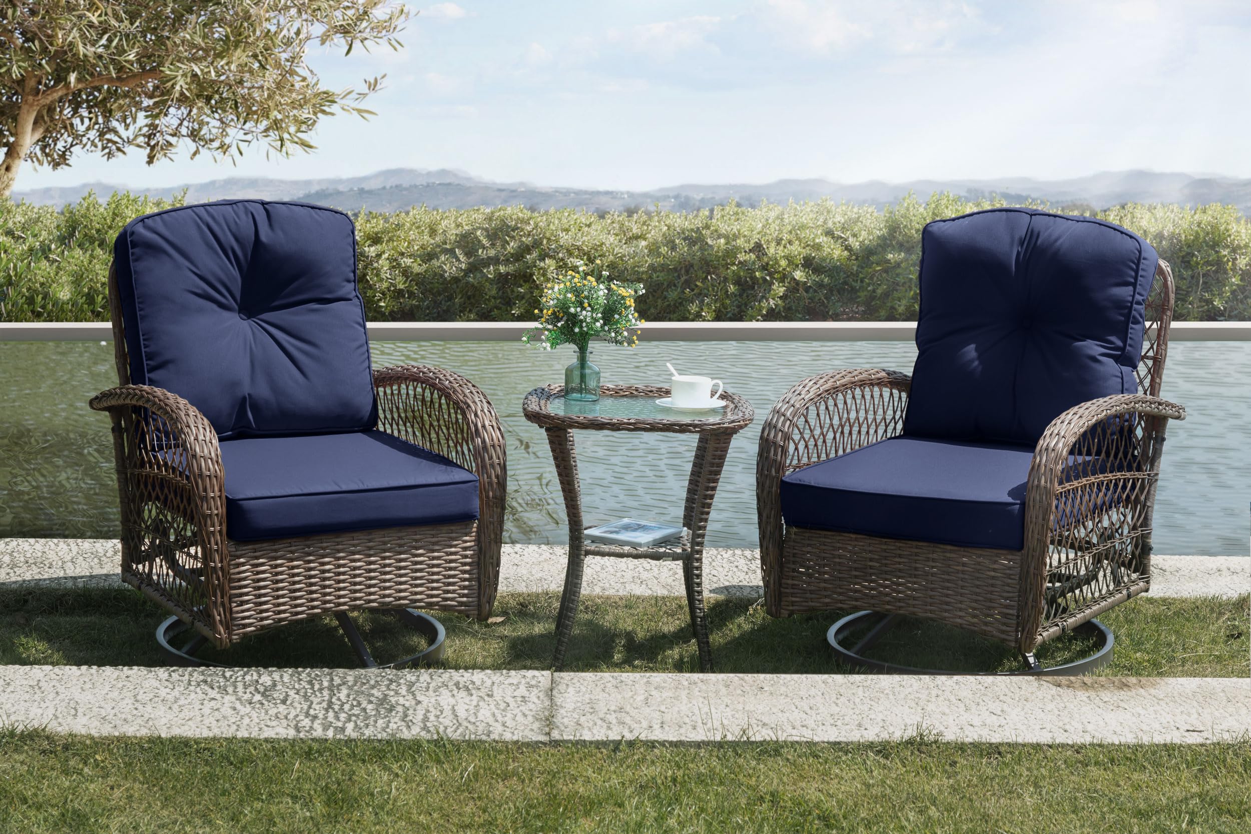 SHA CERLIN 3 Pieces Patio Furniture Set, Outdoor Swivel Glider Rocker, Wicker Patio Bistro Set with Rocking Chair, Cushions and Table (Blue)