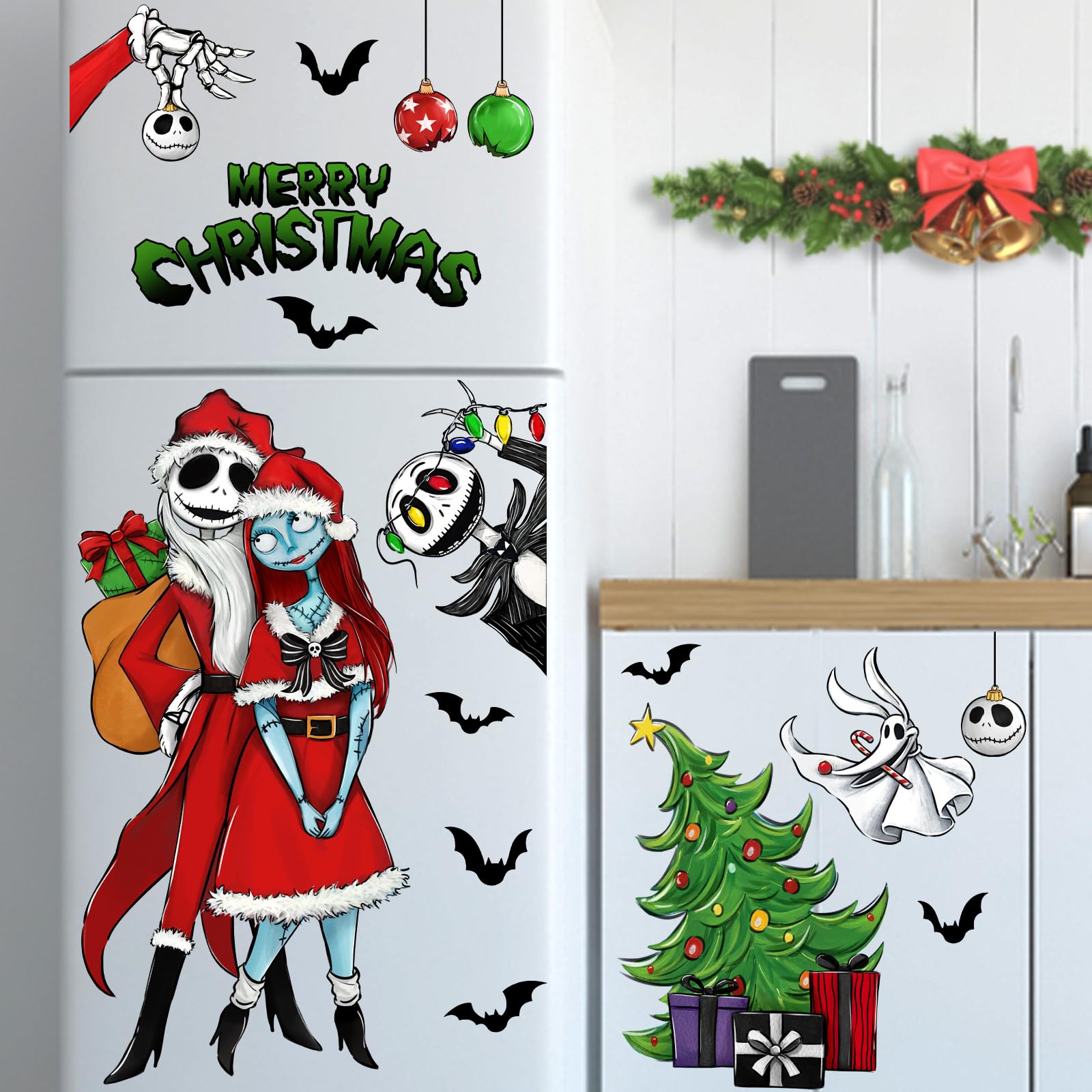 Mfault 121 PCS Merry Christmas Nigh.tmare BEF.ore Christmas Window Clings 9 Sheets, Jack Skellington Sally Xmas Tree Skull Stickers Decal Decoration, 2024 New Year Home Kitchen Winter Holiday Decor