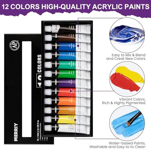 MERRIY Art Paint Set, Painting Supplies Kit with Tabletop Easel, 12 Colors Acrylic Paints,10"x 12" Stretched Canvas, Paint Brush Set, Premium Acrylic Paint Set for Adults Artists& Beginners, Age 15+