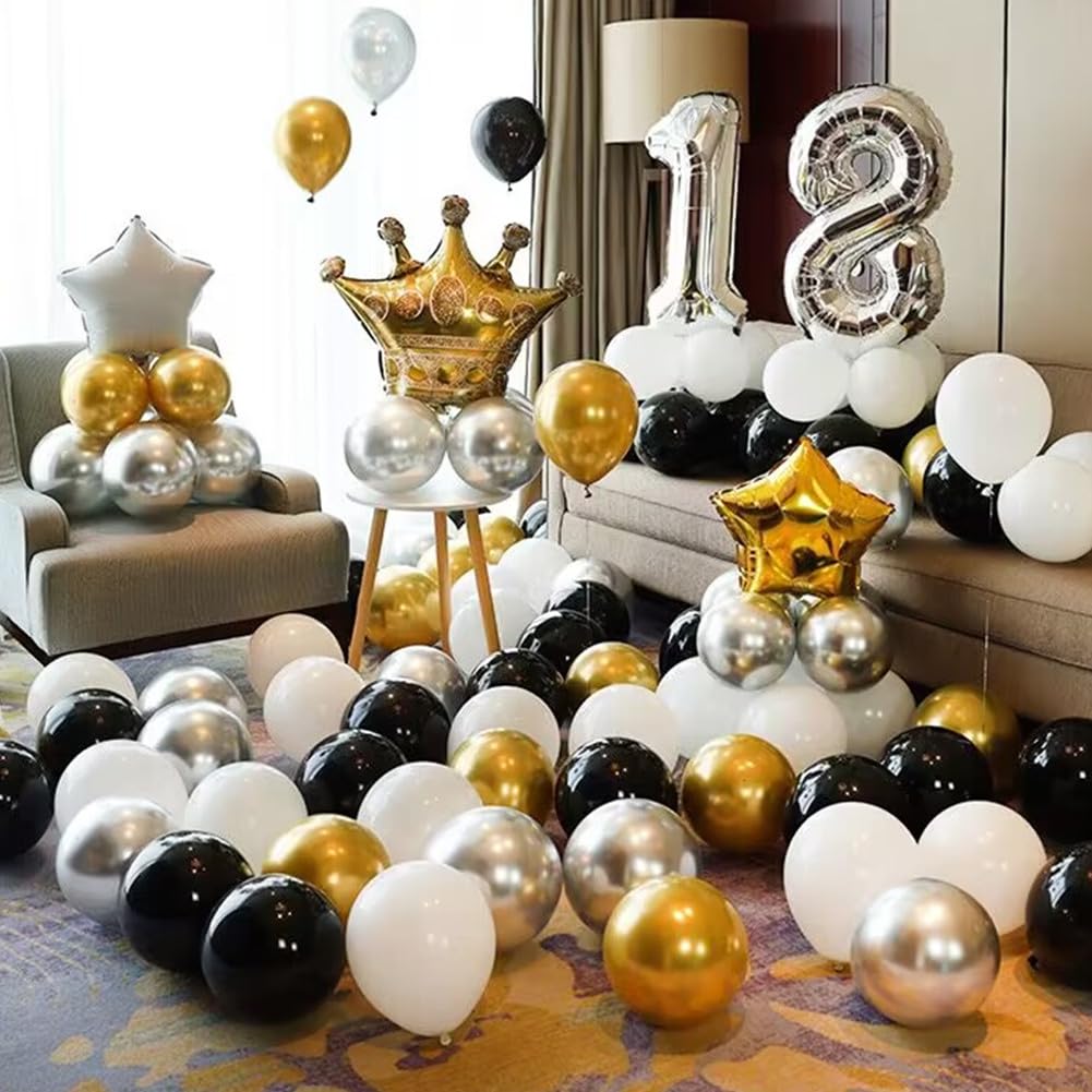 300 Pcs Gold Silver and Black White 5 Inch Balloons Metallic Chrome Shiny Assorted Colors Latex Small Balloon for Wedding Birthday Graduation Baby Shower Christmas Valentine’s Day Party Decorations