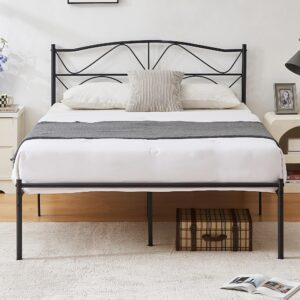 vecelo full size bed frame, metal bed platform with headboard, sturdy steel slats support, no box spring needed/noise-free,easy assembly, black