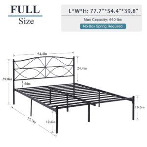 VECELO Full Size Bed Frame, Metal Bed Platform with Headboard, Sturdy Steel Slats Support, No Box Spring Needed/Noise-Free,Easy Assembly, Black