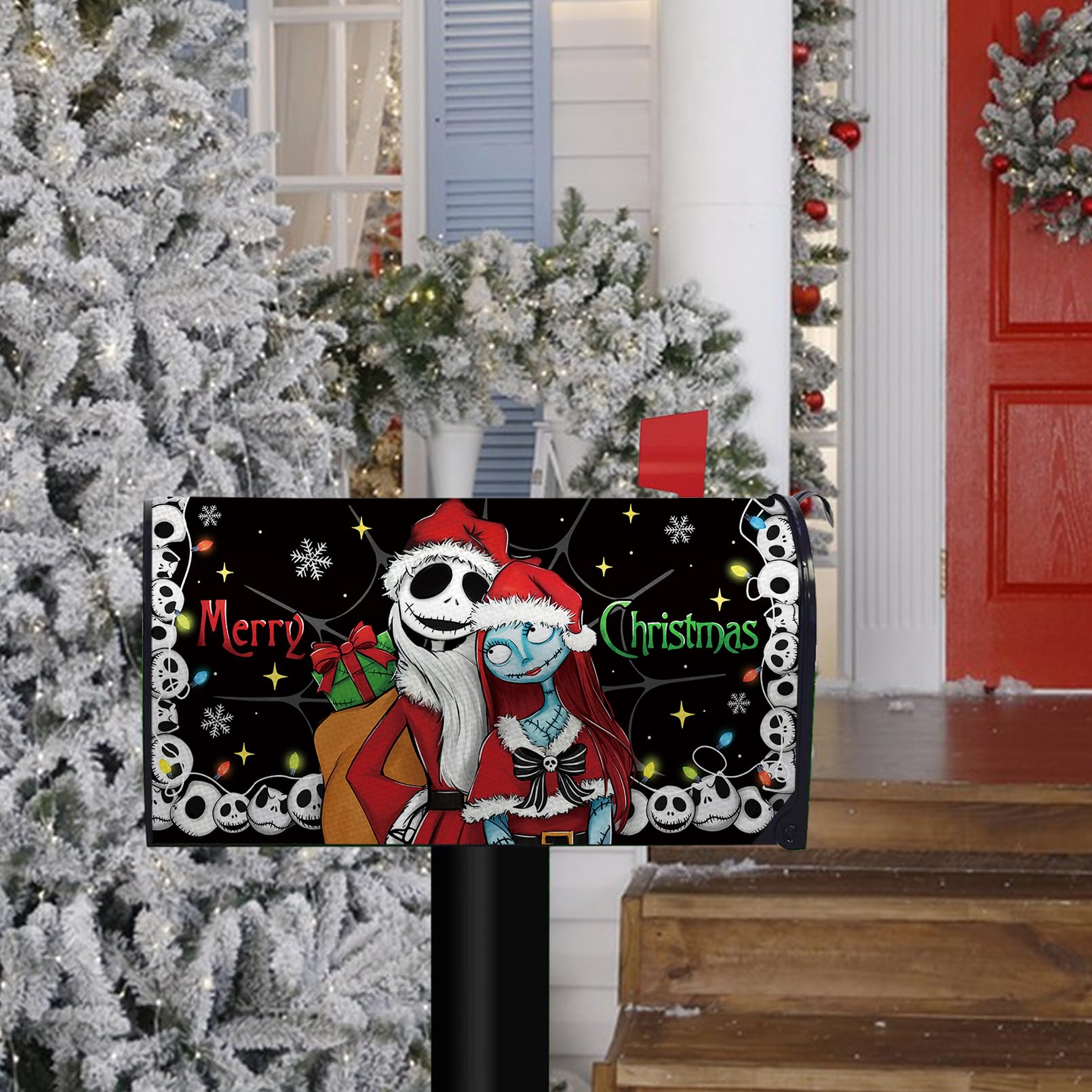 FBCOO Merry Christmas Mailbox Cover Magnetic Standard Size 21"x19", Xmas Jack Skellington Sally Skulls Decorative Post Letter Box Decor, Funny Holiday Black Garden Yard Outdoor Decoration