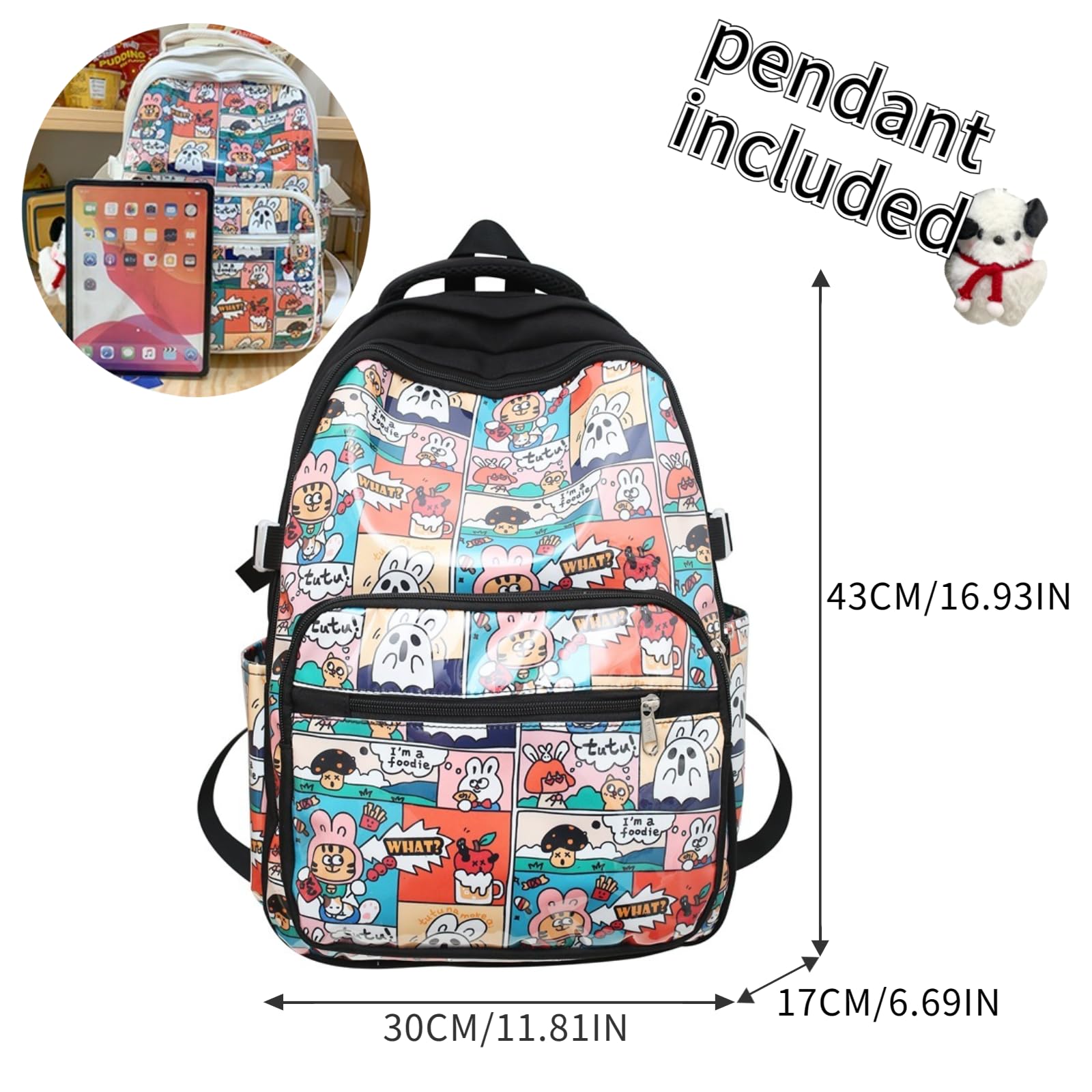 VTTDB Kawaii Backpack with Cute Accessories Large Travel Rucksack Casual Aesthetic Pattern Daypack Laptop Bag for Women Men (black)