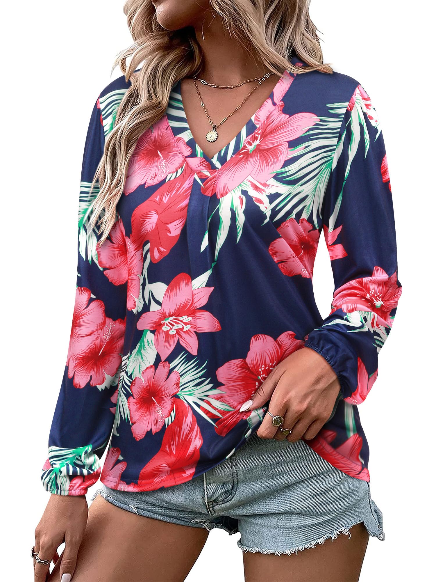 ZXZY Womens Hawaiian Shirt Vintage Leaf Floral Printed Tropical Tops V Neck Puff Long Sleeves Shirts Blue