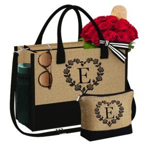 YOOLIFE Unique Mom Birthday Gifts for Women, Mother of the Bride Gifts Initial Jute Tote Bag for Women Beach Bag Tote Makeup Bag with Zipper Personalized Gifts Friend Birthday Gifts for Women Letter E