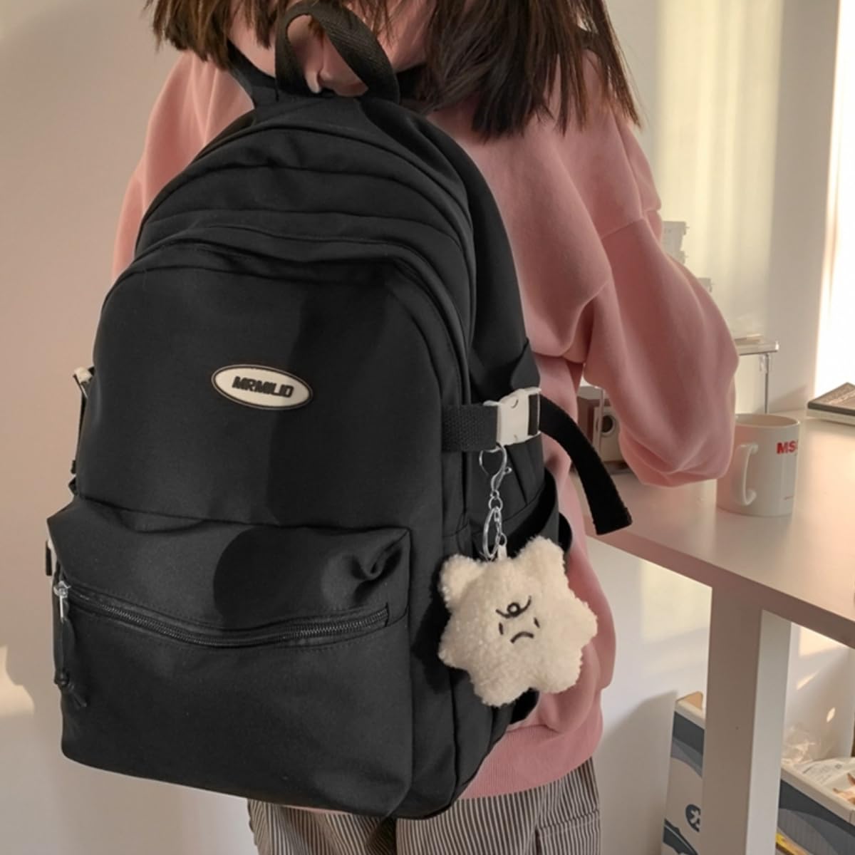 VTTDB Kawaii Backpack with Cute Accessories Casual Aesthetic Daypack Simple Laptop Bag Waterproof Travel Rucksack for Women (black)