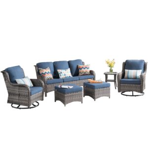 6 Piece Outdoor Patio Furniture Set Wicker Conversation Bistro Set Swivel Rocking Chairs with Side Table and Ottomans for Backyard, Porch, Balcony,Grey Wicker Denim Blue