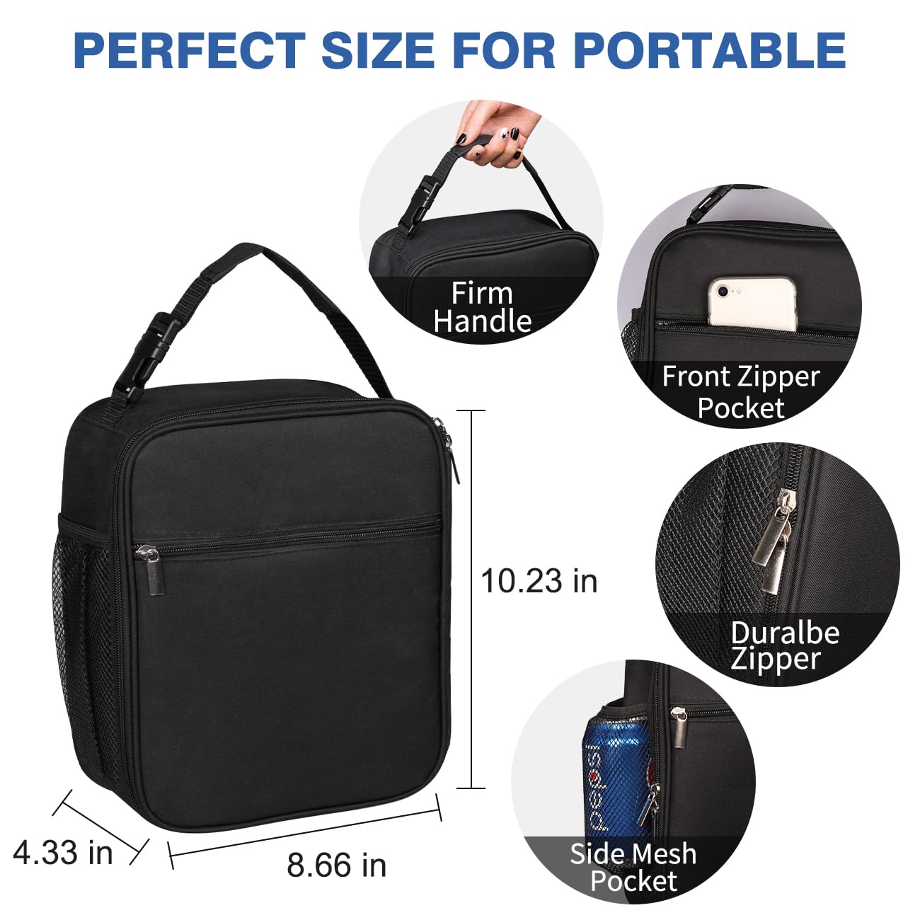 NZOLIA Lunch Box for Men/Women Leakproof Small Lunch bag Reusable Food Safe Durable Lunch container Compact Cooler Tote for Office Work Picnic Hiking Beach Fishing-Black