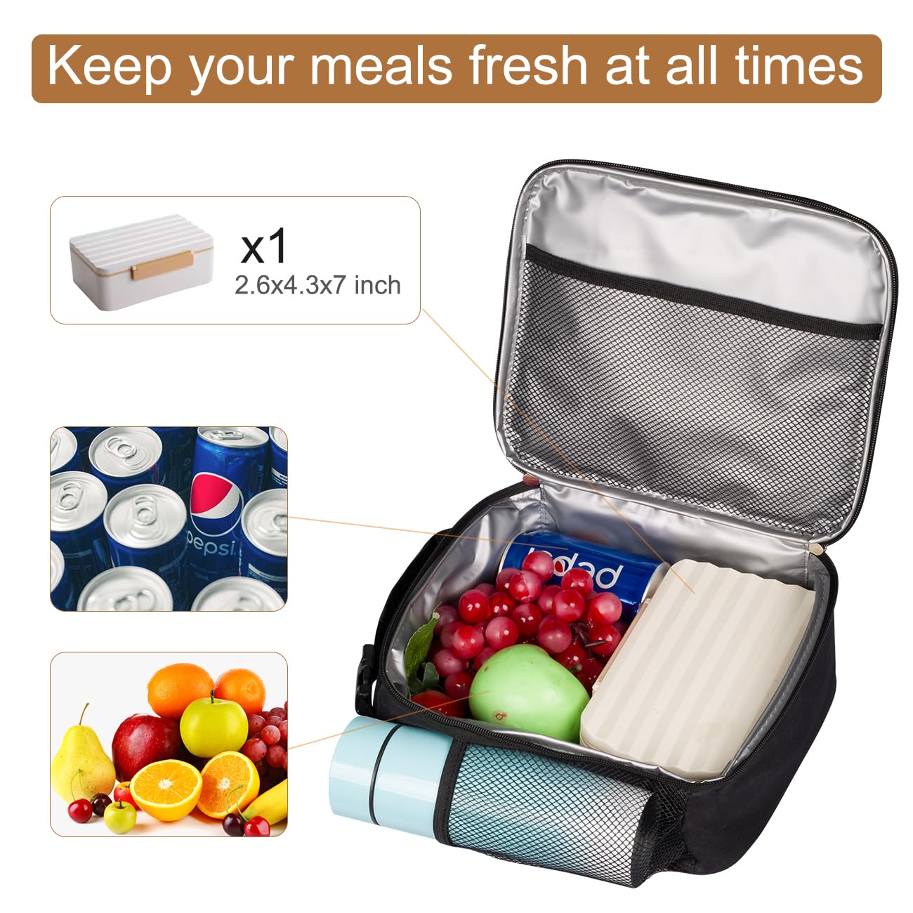 NZOLIA Lunch Box for Men/Women Leakproof Small Lunch bag Reusable Food Safe Durable Lunch container Compact Cooler Tote for Office Work Picnic Hiking Beach Fishing-Black