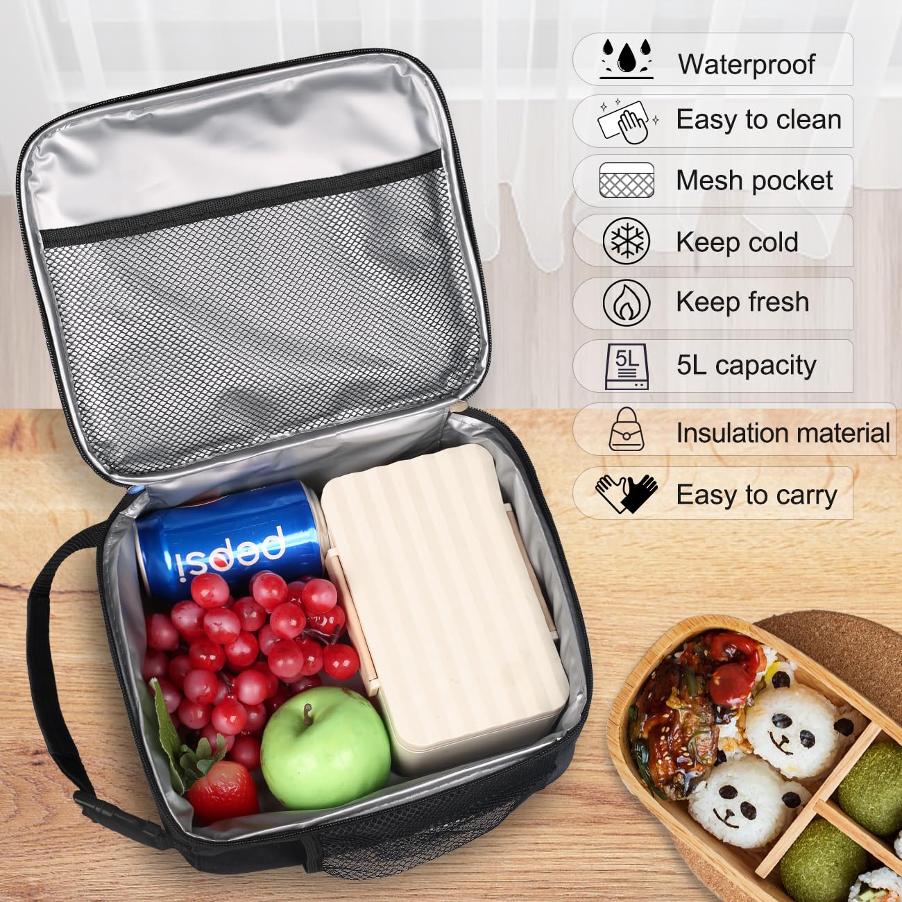 NZOLIA Lunch Box for Men/Women Leakproof Small Lunch bag Reusable Food Safe Durable Lunch container Compact Cooler Tote for Office Work Picnic Hiking Beach Fishing-Black