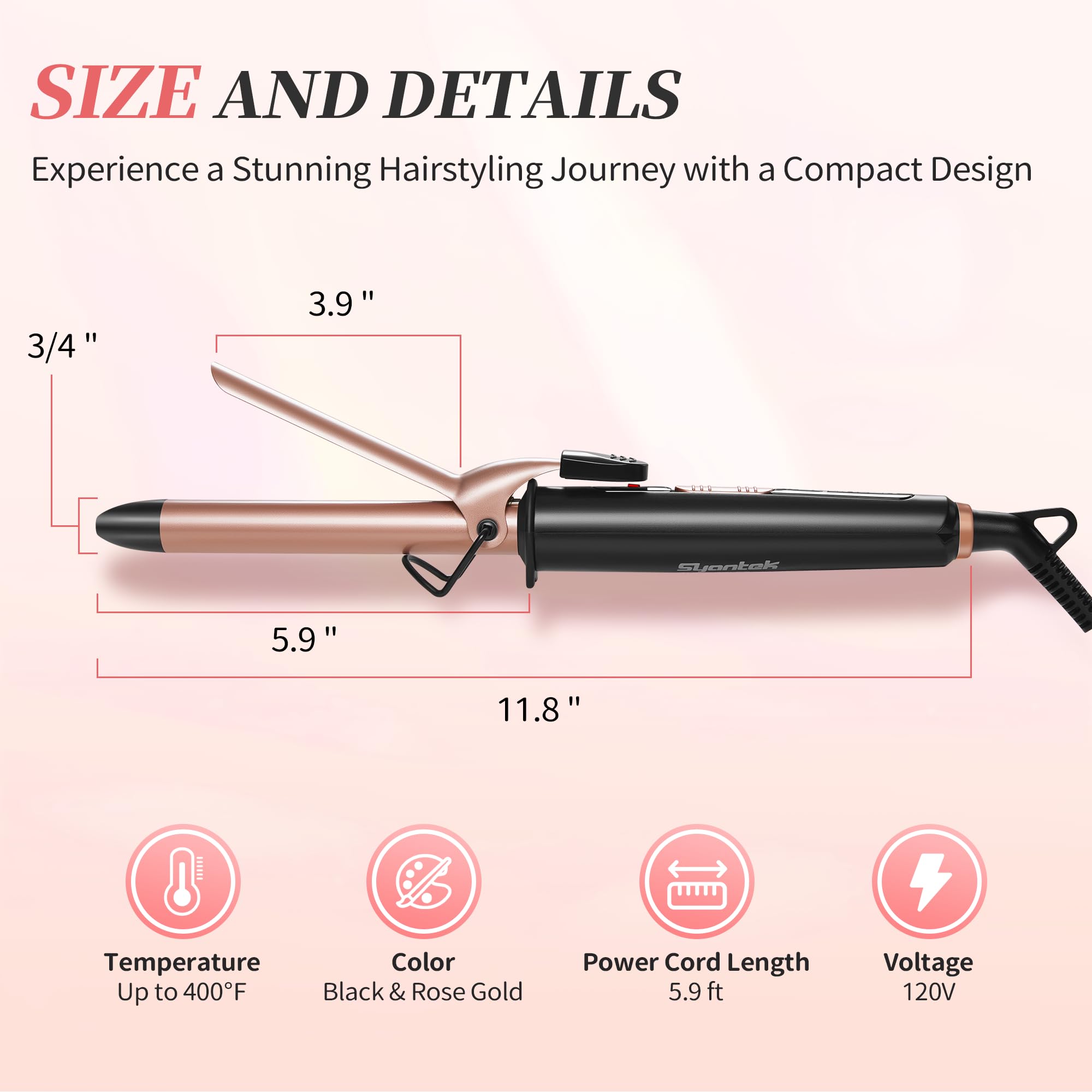 Syantek 3/4 Inch Curling Iron, Ceramic Barrel Hair Curler for Tighter Curls, Professional Hair Curling Wand for All Hair Types, Fast Heat Up to 400°F