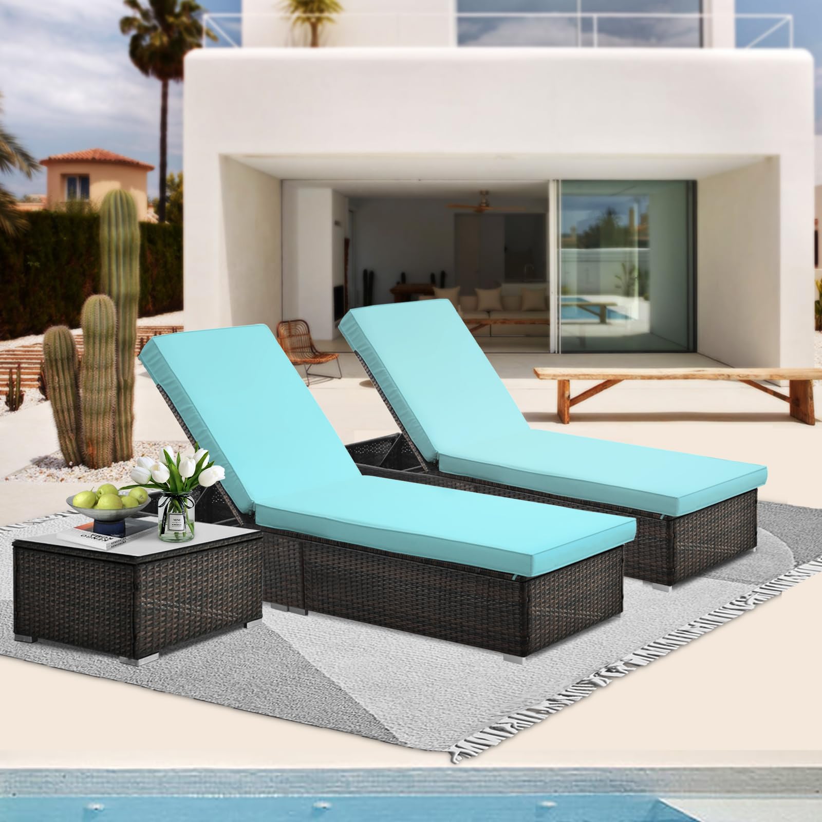 JETEAGO Outdoor PE Wicker Chaise Lounge Set of 3 Patio Rattan Reclining Chair with Coffee Table for Garden Poolside Yard, Blue