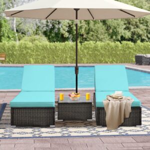 JETEAGO Outdoor PE Wicker Chaise Lounge Set of 3 Patio Rattan Reclining Chair with Coffee Table for Garden Poolside Yard, Blue