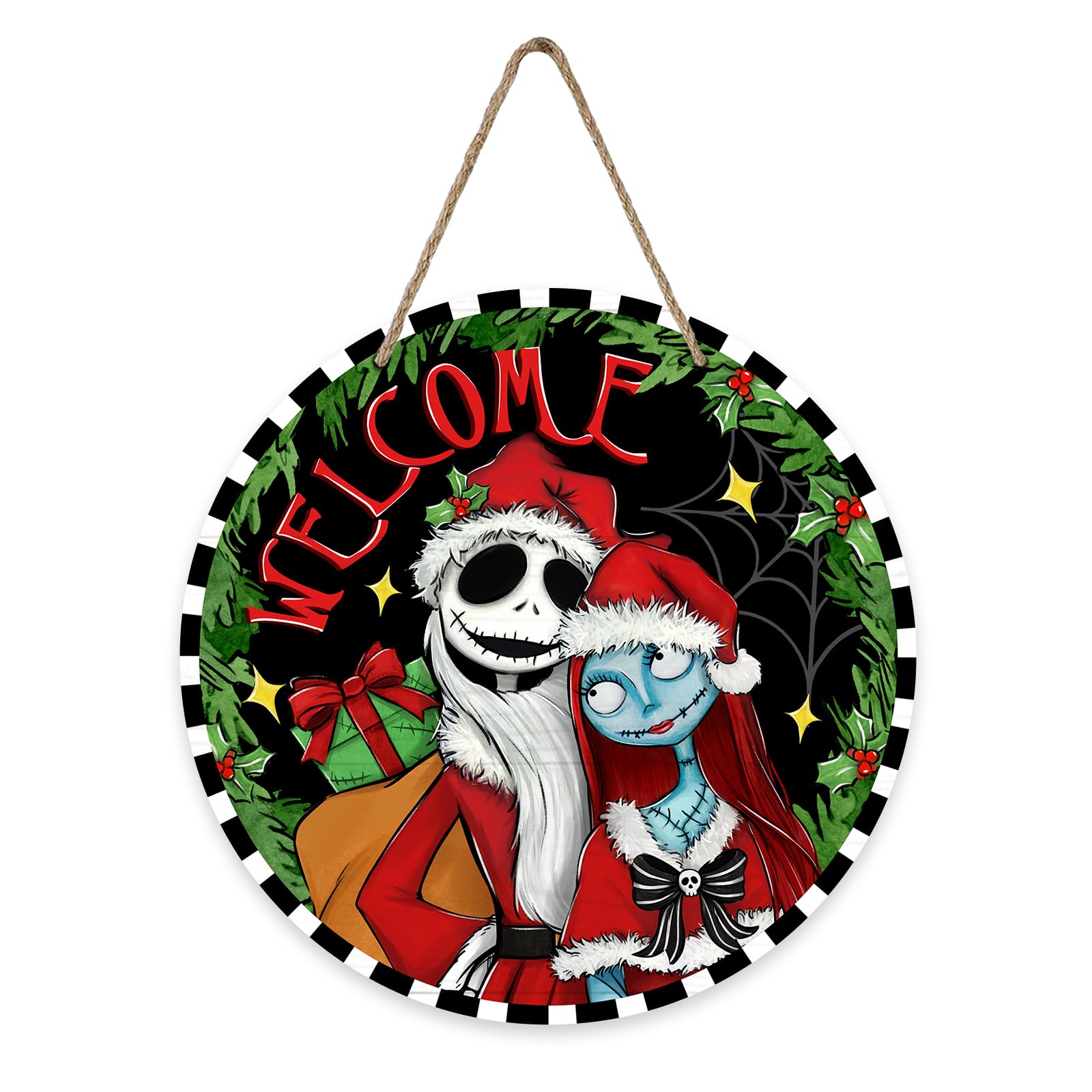 Deroro Welcome Christmas Jack Skellington Front Door Sign, Sally Xmas Gift Wood Door Hanger Outdoor Outside Porch Decor, Funny Holiday Wooden Wreath Indoor Wall Hanging Decoration