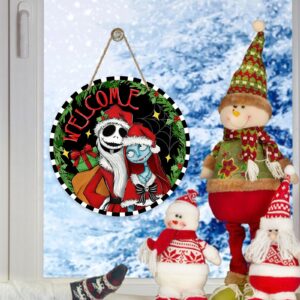 Deroro Welcome Christmas Jack Skellington Front Door Sign, Sally Xmas Gift Wood Door Hanger Outdoor Outside Porch Decor, Funny Holiday Wooden Wreath Indoor Wall Hanging Decoration