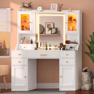 Dnxao White Vanity Desk with Mirror,Lights and Charging Station,Make up Vanity Mirror with 3 Lights Mode and Brightness Adjusted,Large Storage Space-6 Drawers,4 cabinets,2 RGB cabinets