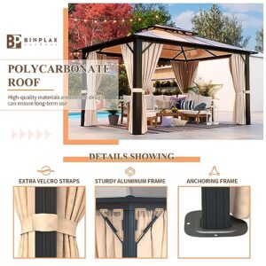 Binplax Hardtop Gazebo Polycarbonate Double Roof Canopy Curtains Aluminum Frame with Netting for Garden, Patio，10' ×13'