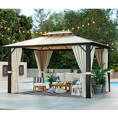 Binplax Hardtop Gazebo Polycarbonate Double Roof Canopy Curtains Aluminum Frame with Netting for Garden, Patio，10' ×13'