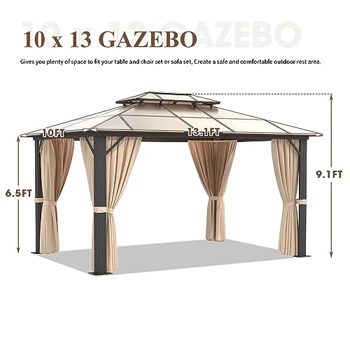 Binplax Hardtop Gazebo Polycarbonate Double Roof Canopy Curtains Aluminum Frame with Netting for Garden, Patio，10' ×13'