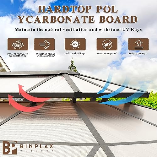 Binplax Hardtop Gazebo Polycarbonate Double Roof Canopy Curtains Aluminum Frame with Netting for Garden, Patio，10' ×13'