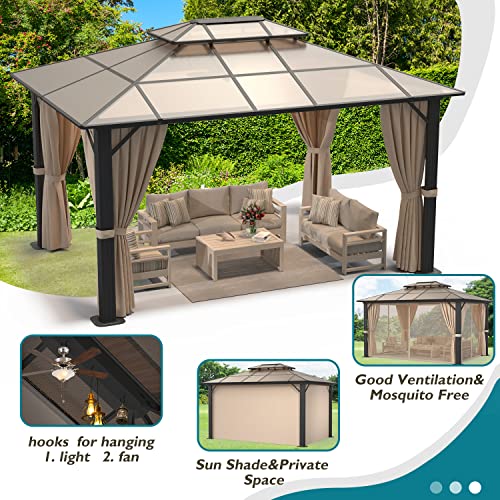 Binplax Hardtop Gazebo Polycarbonate Double Roof Canopy Curtains Aluminum Frame with Netting for Garden, Patio，10' ×13'