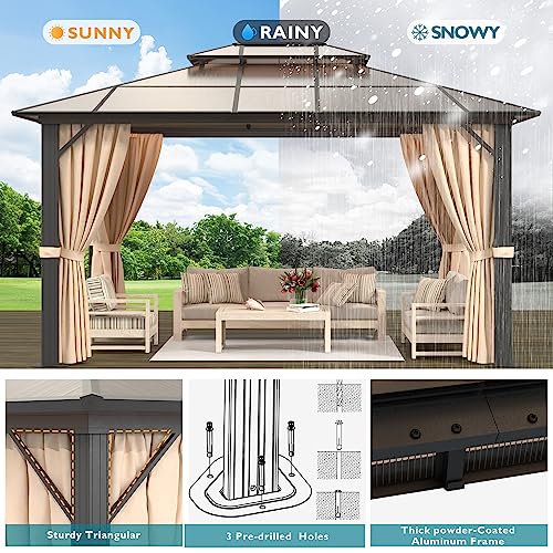 Binplax Hardtop Gazebo Polycarbonate Double Roof Canopy Curtains Aluminum Frame with Netting for Garden, Patio，10' ×13'