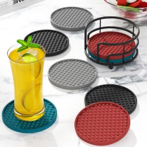 HFHOME Drink Coasters, 6 Pack Silicone Coasters Set with Holder, Coasters for Drinks for Coffee Table, Table Cup Mat Desk Coaster for Drinks, Bar Coasters for Home Decor Tabletop Protection - Gray